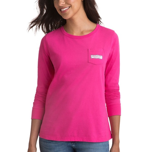 Vineyard Vines Hot Pink Christmas Lights Logo Long Sleeve Pocket Tee T-Shirt - Picture 2 of 7